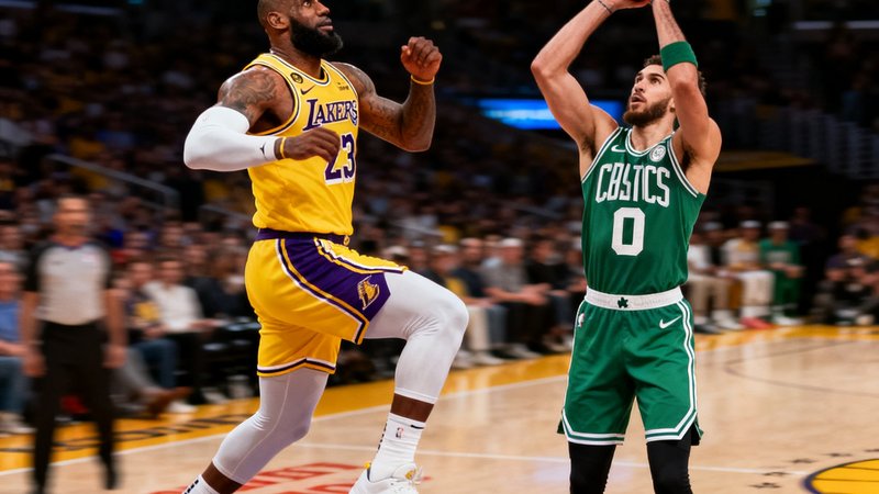 NBA湖人队詹姆斯突破暴扣，凯尔特人塔图姆三分回应